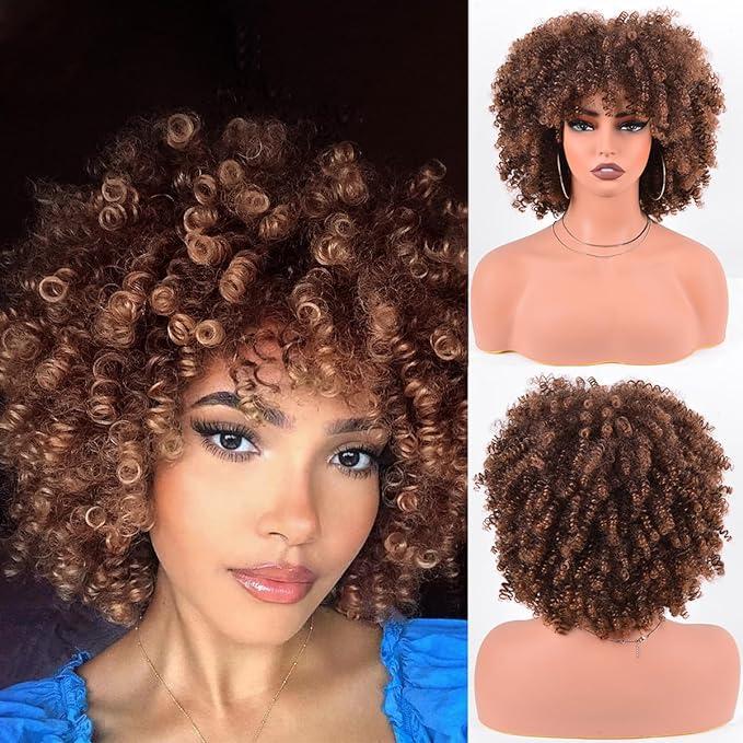 WigDreams 10 12 Inch Short Afro Kinky Curly Coily Hair Wigs for Black Women, Fluffy Glueless Wigs with Bangs, Wear and Go Synthetic Full Machine Wigs for Daily Party