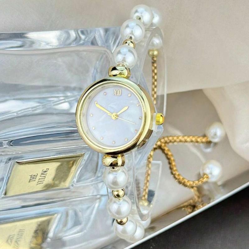 Ladies' White Pearl Beaded Drawstring Watch with Mother Of Pearl Textured Dial