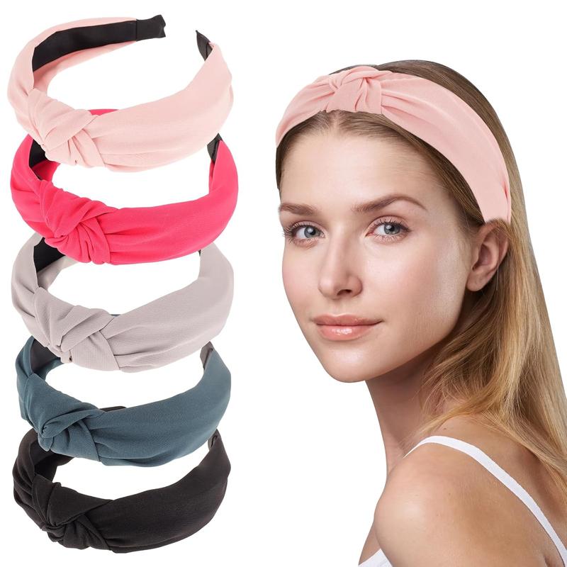 5-Pack Knotted Headbands for Women - Wide Non-Slip Top Knot Headbands for Stylish Hair Accessories- Pink & Light Gray