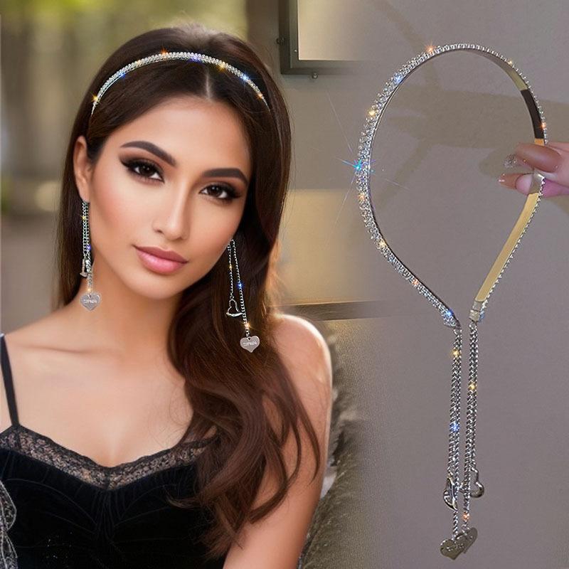 New Stylish Single Elegant Solid Color Luxury Hair Accessory: Women's Rheinstone Chain Fringed Headband with a cute iron everyday lover pendant, perfect for parties and birthdays