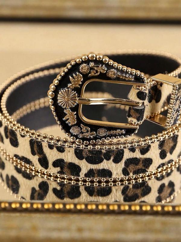 Women's Fashion Leopard Print Pu Buckle Belt, Boho Style Vintage Trendy Western Belt, Fashionable Clothes Accessories for Daily & Party Decoration