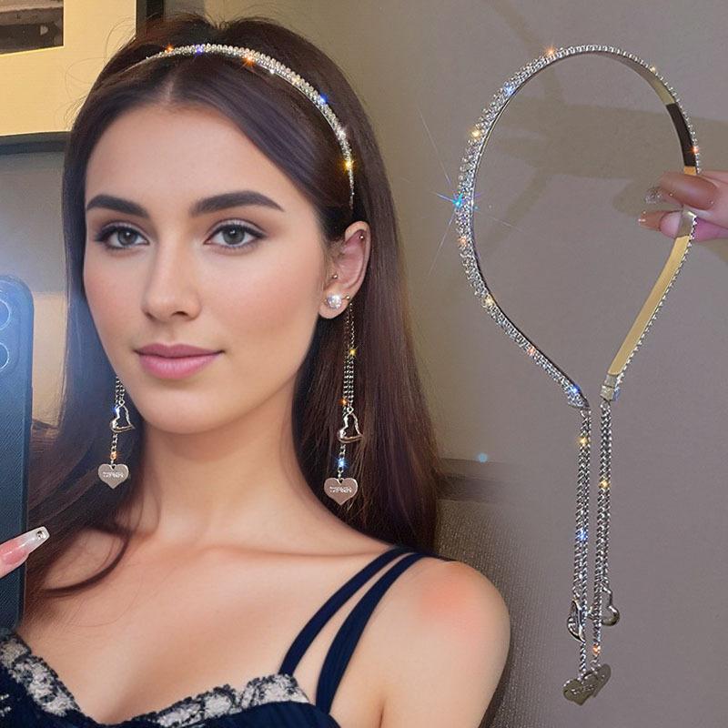 New Stylish Single Elegant Solid Color Luxury Hair Accessory: Women's Rheinstone Chain Fringed Headband with a cute iron everyday lover pendant, perfect for parties and birthdays