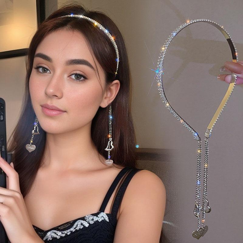 New Stylish Single Elegant Solid Color Luxury Hair Accessory: Women's Rheinstone Chain Fringed Headband with a cute iron everyday lover pendant, perfect for parties and birthdays