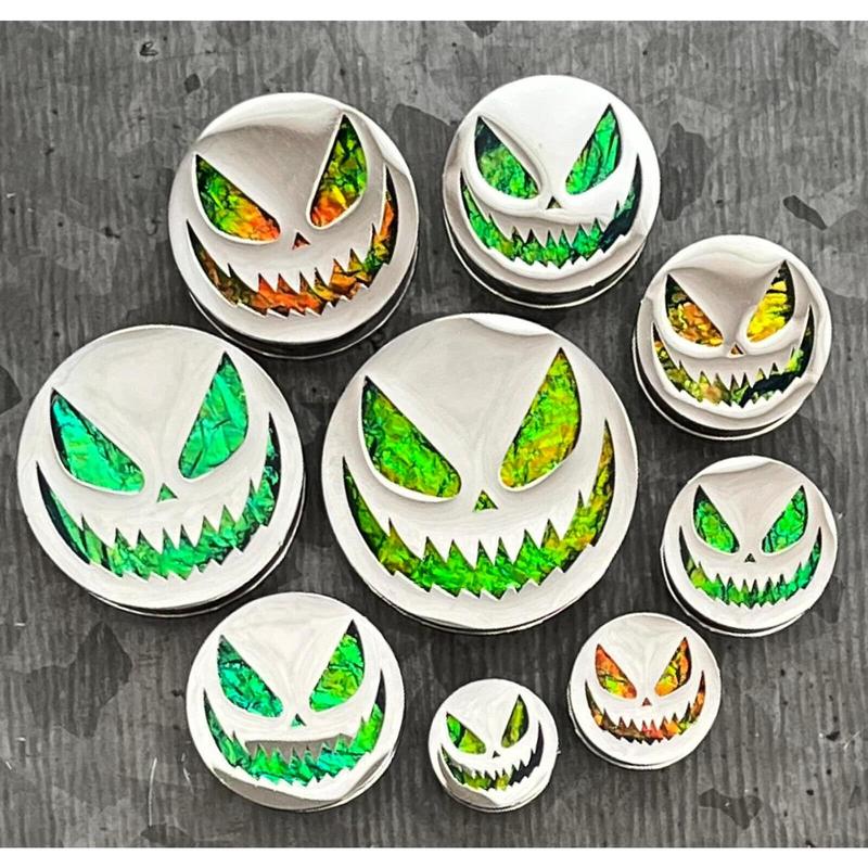 PAIR of Scary Jack-O-Lantern Steel Screw Fit Tunnels Plugs - Gauges 0g (8mm) thru 1