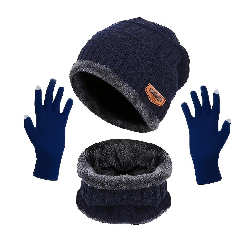 3pcs Winter Warm Plus Velvet Thick Knit Hat, Scarf, Neck Gaiter and Touch Screen Gloves Set - Soft, Breathable, Windproof, Thermal Insulation