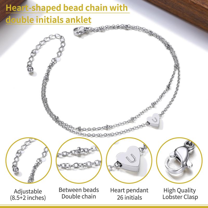 PROSTEEL Initial Heart Charm Anklet 26 Letters Double Layers Stainless Steel Chain Unique Design Anklet 8-10.5 Inch Adjustable For Women Gift Box