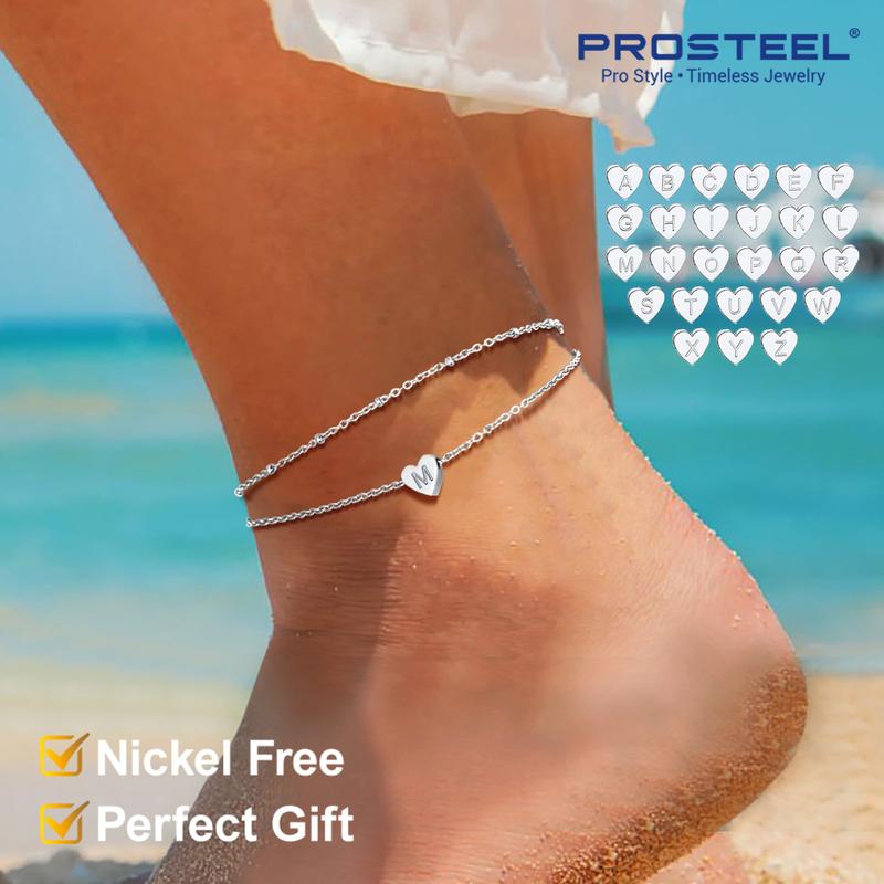 PROSTEEL Initial Heart Charm Anklet 26 Letters Double Layers Stainless Steel Chain Unique Design Anklet 8-10.5 Inch Adjustable For Women Gift Box