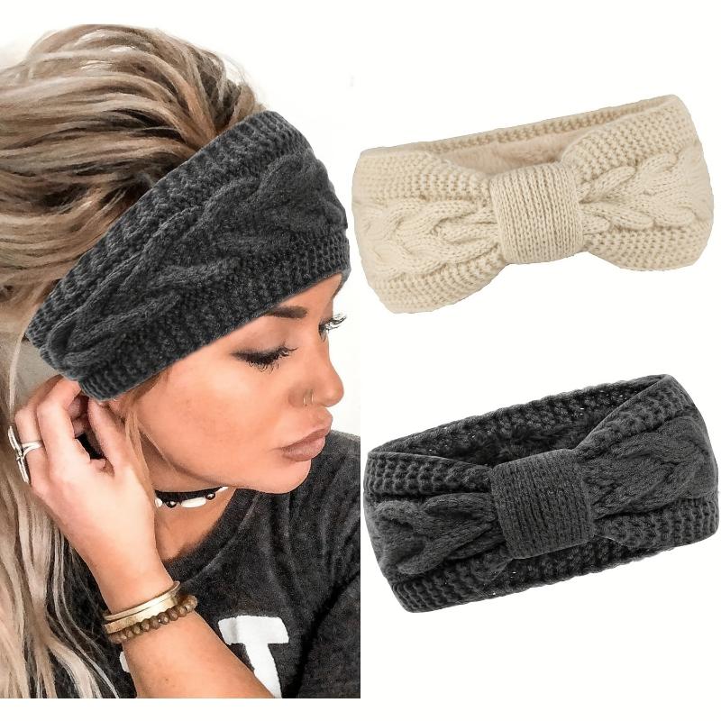 2pcs set Ribbed Fleece Knit Headbands Solid Color Elastic Ear Warmer Headband Classic Bowknot Hairband For Women daily uses Autumn & Winter