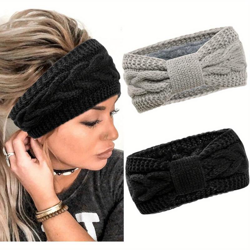 2pcs set Ribbed Fleece Knit Headbands Solid Color Elastic Ear Warmer Headband Classic Bowknot Hairband For Women daily uses Autumn & Winter