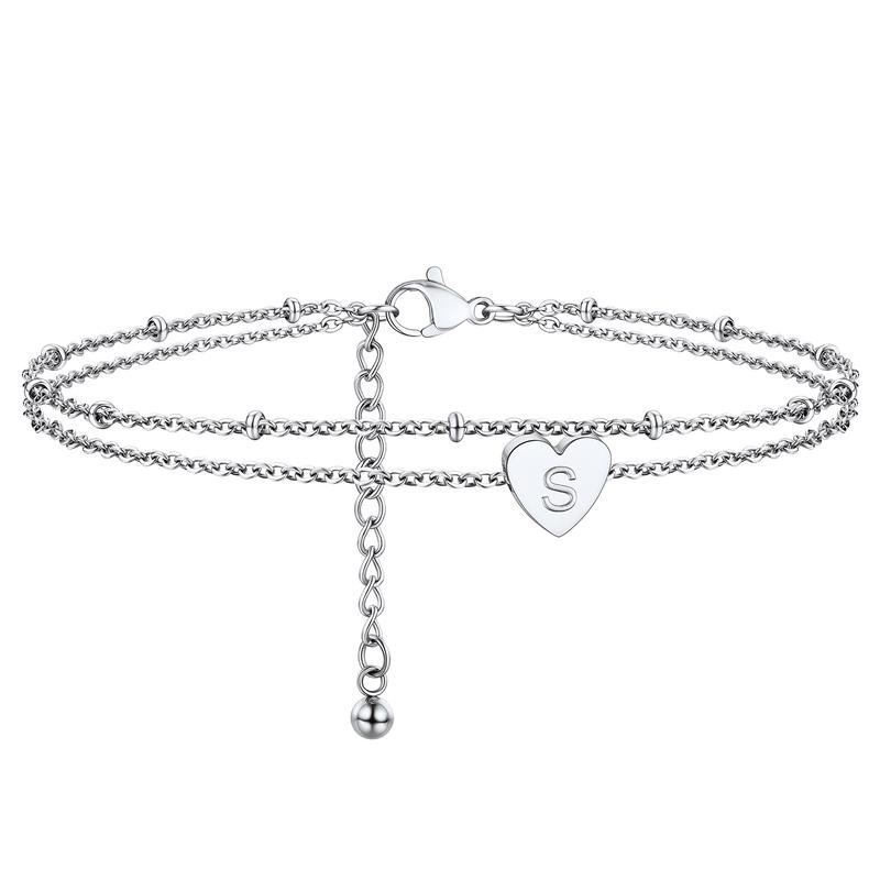 PROSTEEL Initial Heart Charm Anklet 26 Letters Double Layers Stainless Steel Chain Unique Design Anklet 8-10.5 Inch Adjustable For Women Gift Box