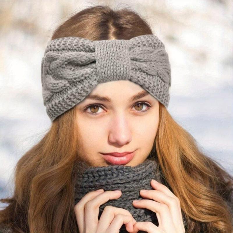 2pcs set Ribbed Fleece Knit Headbands Solid Color Elastic Ear Warmer Headband Classic Bowknot Hairband For Women daily uses Autumn & Winter