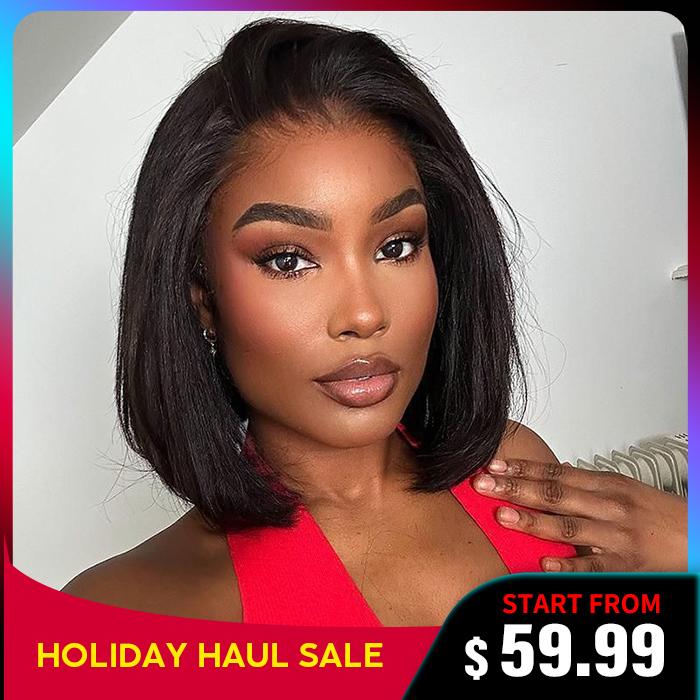 Ashimary Bob Wig Yaki Straight Closure Pre-Cut Transparent Lace Virgin Human HD Lace Hair Wig #1B