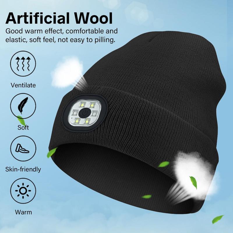 LED Beanie with The Light, Unisex USB Rechargeable Headlamp Winter Knitted Cap Gifts for Men Dad Husband Him