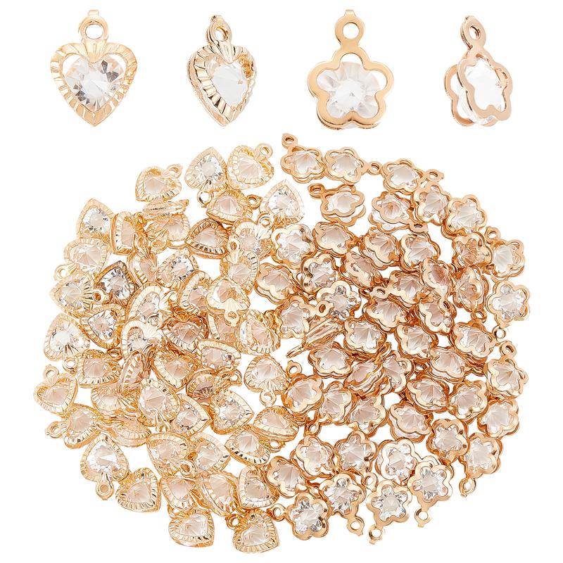 100Pcs Cubic Zirconia Valentine's Day Heart Shaped Charms Flower Shaped Rhinestone Pendants Crystal Alloy Dangles for Jewelry Making Charms Necklace Bracelet Earring Supplies Women