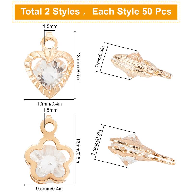 100Pcs Cubic Zirconia Valentine's Day Heart Shaped Charms Flower Shaped Rhinestone Pendants Crystal Alloy Dangles for Jewelry Making Charms Necklace Bracelet Earring Supplies Women