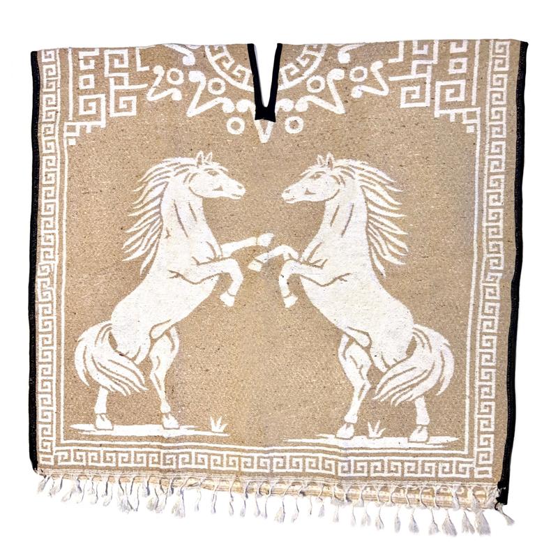 Mexican Poncho Gabanes Horse & Horseshoe Design- Cream