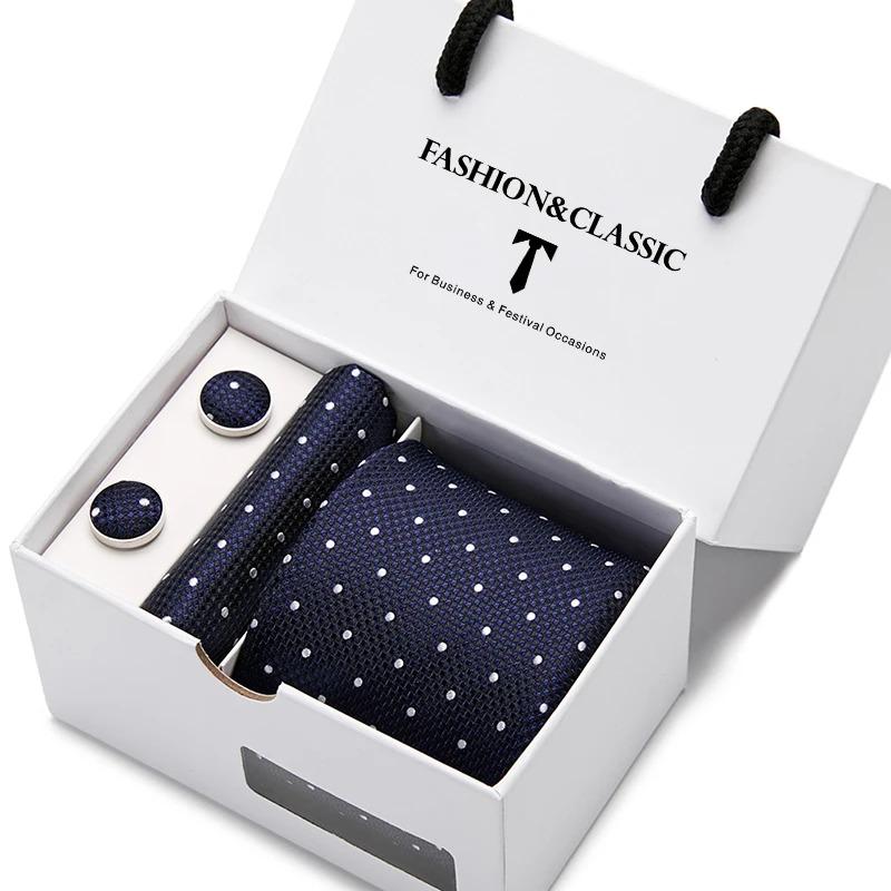 Top Grade Fashion Blue Dot Tie Pocket Square Cufflinks Set For Men Gift Box Wedding Gravatas Fit Formal Party