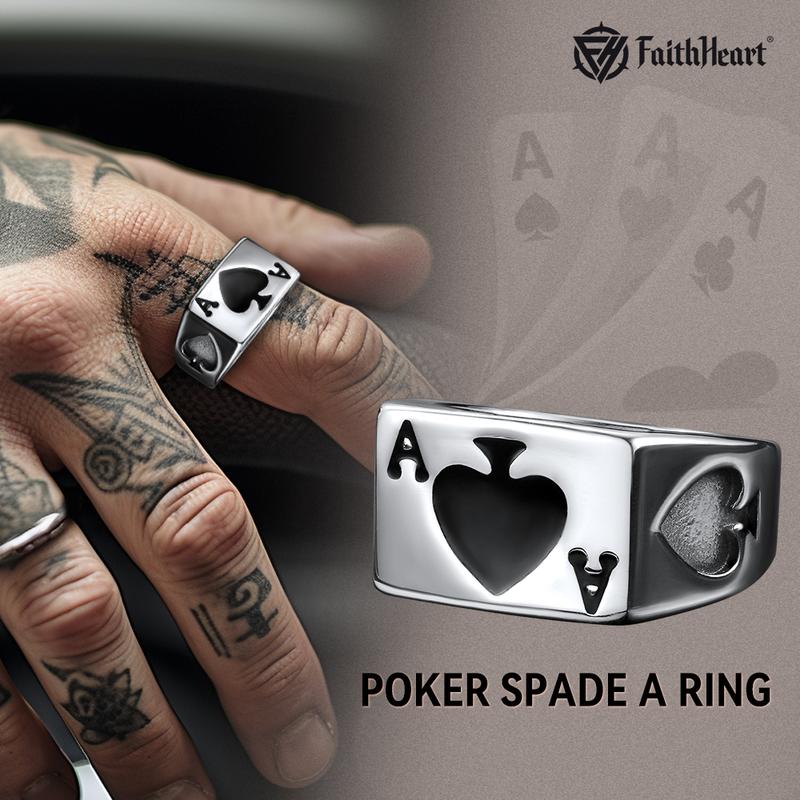 FaithHeart Poker Spade A Ring for Men Wpmen Stainless Steel