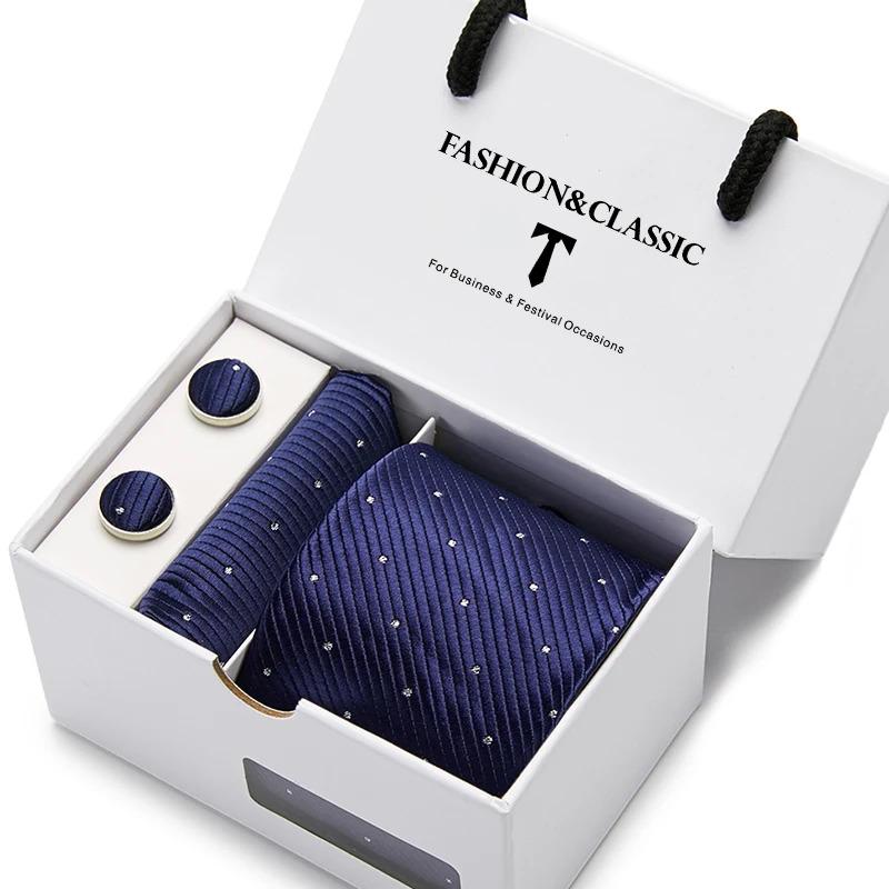 Top Grade Fashion Blue Dot Tie Pocket Square Cufflinks Set For Men Gift Box Wedding Gravatas Fit Formal Party