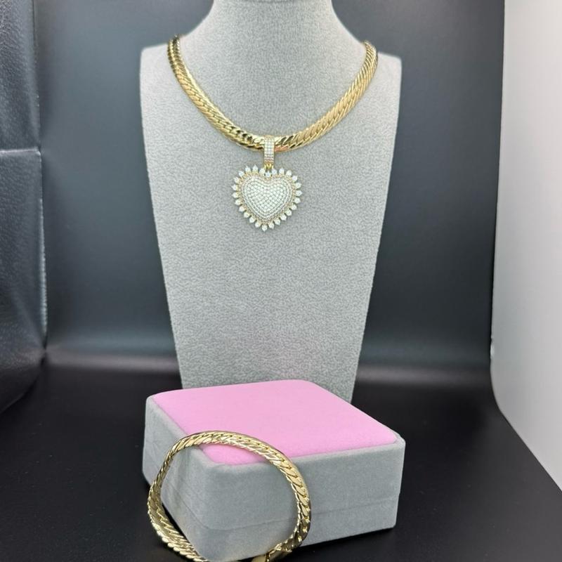 Gold Plated Heart-Shaped Pendant Set Bracelet and Necklace for Women