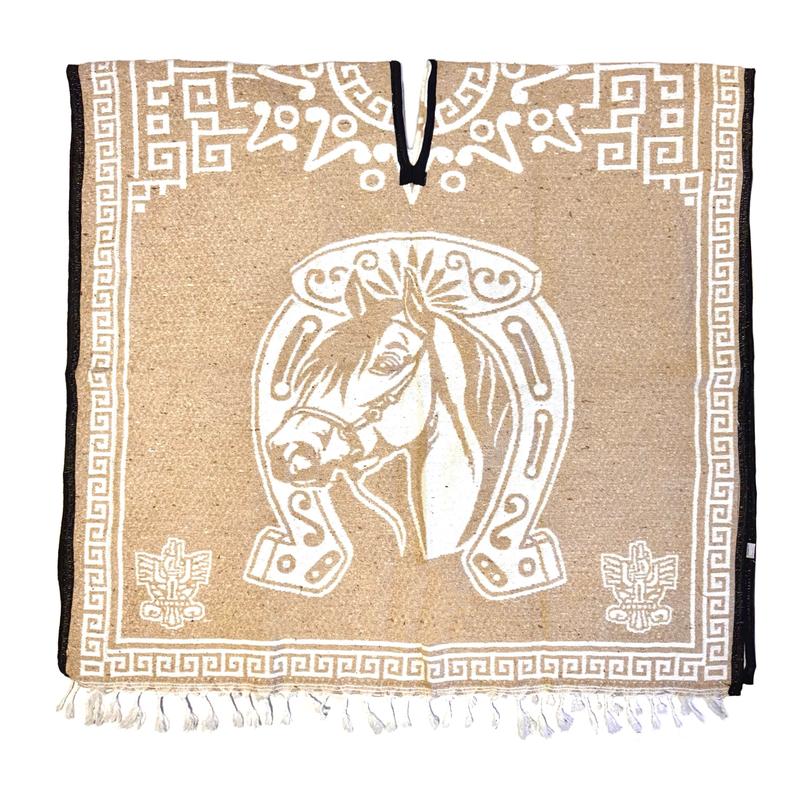 Mexican Poncho Gabanes Horse & Horseshoe Design- Cream