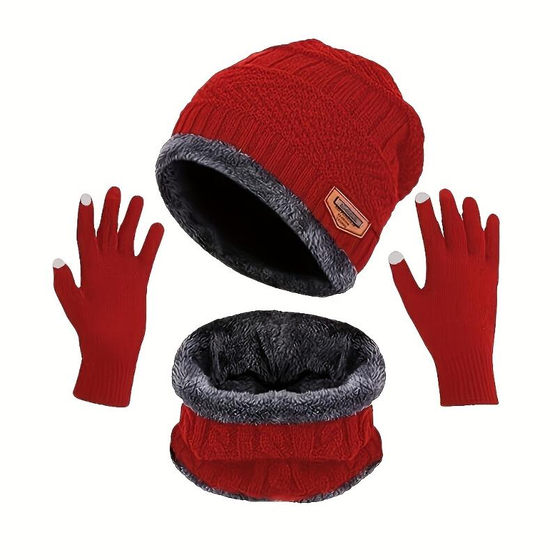 3pcs Winter Warm Plus Velvet Thick Knit Hat, Scarf, Neck Gaiter and Touch Screen Gloves Set - Soft, Breathable, Windproof, Thermal Insulation