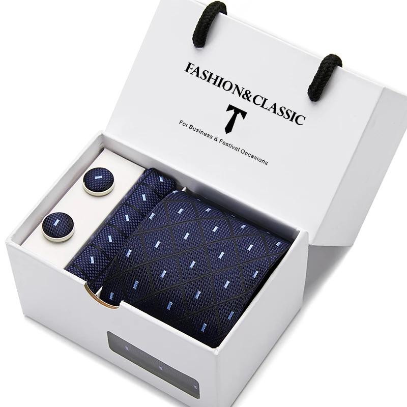 Top Grade Fashion Blue Dot Tie Pocket Square Cufflinks Set For Men Gift Box Wedding Gravatas Fit Formal Party