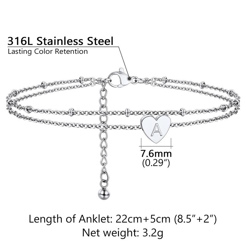 PROSTEEL Initial Heart Charm Anklet 26 Letters Double Layers Stainless Steel Chain Unique Design Anklet 8-10.5 Inch Adjustable For Women Gift Box