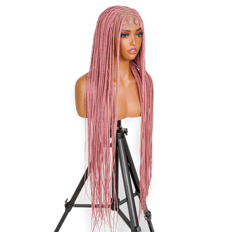 SuperNova #Pink 36'' Full Lace Synthetic Box Braided Wig - Handmade, Lightweight, Natural Look, Tangle-Free, Beginner-Friendly, Ideal for Protective Styles & Daily Wear