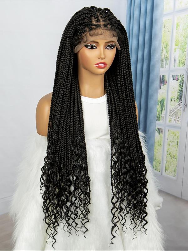 Black Long Braided Lace Front Wigs for Women, Gorgeous Fluffy Curly Wigs with Baby Hair Bangs, Synthetic Braided Lace Wigs for Party, Daily Use