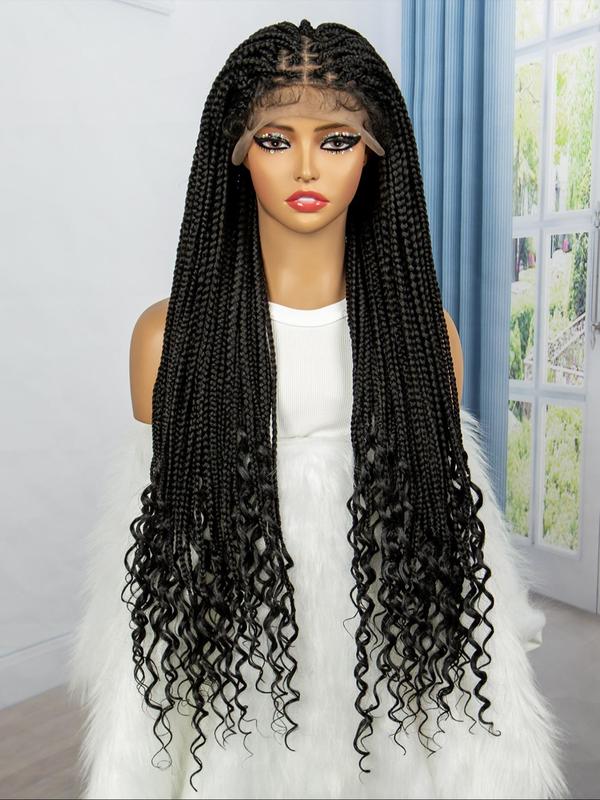 Black Long Braided Lace Front Wigs for Women, Gorgeous Fluffy Curly Wigs with Baby Hair Bangs, Synthetic Braided Lace Wigs for Party, Daily Use