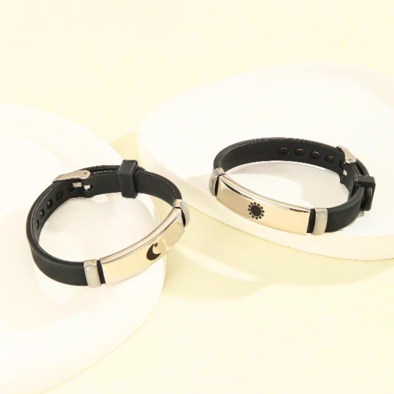 2 Pairs Sun & Moon Pattern alloy Charms Black Silicone Bracelets For Women Lovers Holiday anniversary jewelry