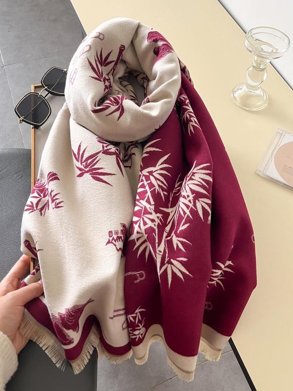 Vintage Bamboo Leaf Pattern Tassel Decor Shawl, Casual Soft Warm Long Scarf for Fall & Winter, Fashion Accessories for Women & Men