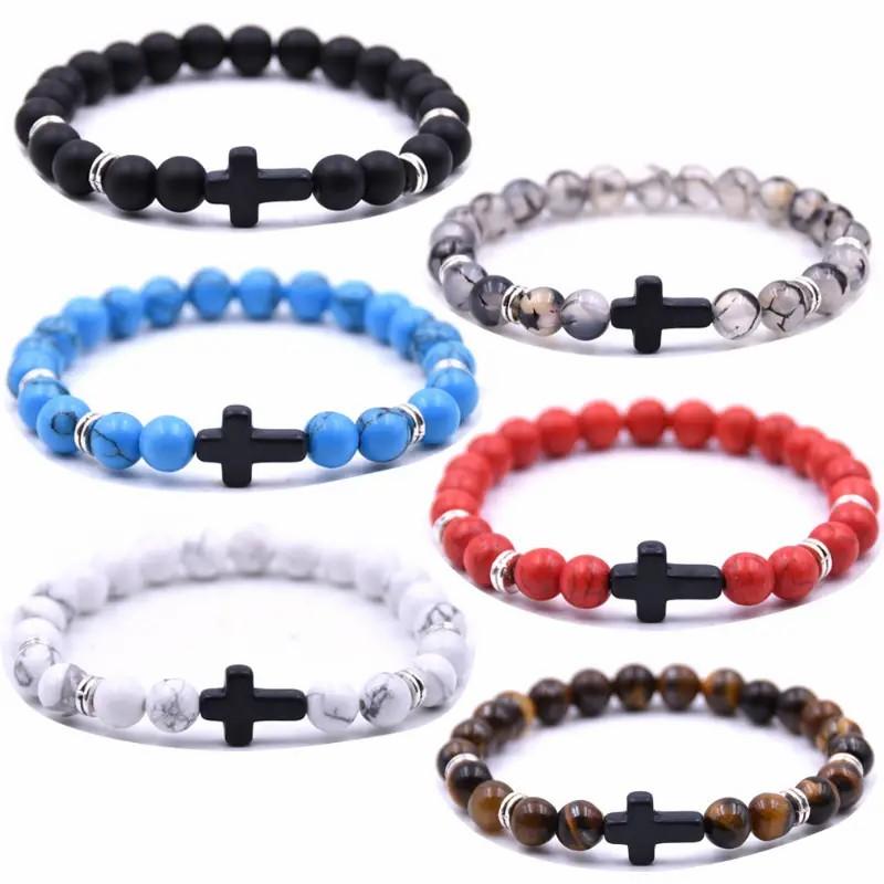 Bracelets For Women Men Jewelry Elasticity Black Cross Bracelets Fashion Jewelry 8mm Natural Stone Sports Wristbands