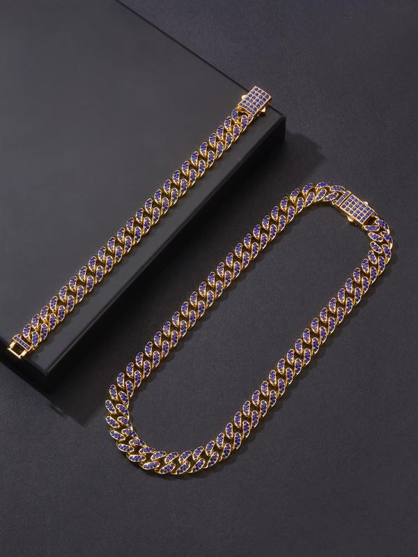 2PCS Set Chain Link Colorful Pink Blue White Rhinestone for Men Iced Out Bracelet Miami Rhinestone Bling Chain Necklace Set