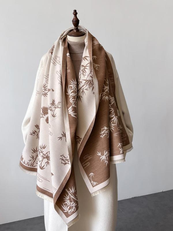 Vintage Bamboo Leaf Pattern Tassel Decor Shawl, Casual Soft Warm Long Scarf for Fall & Winter, Fashion Accessories for Women & Men