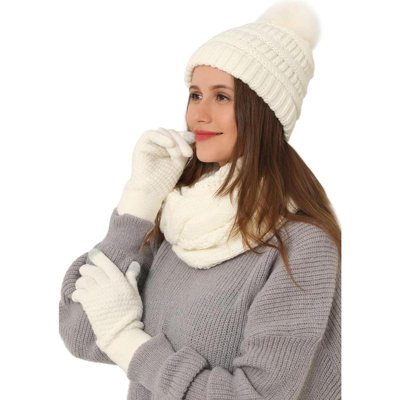 3 count Winter Beanie Hat Scarf and Touch Screen Gloves Set for Women Knit Hat with Faux  Ball Scarves Glove