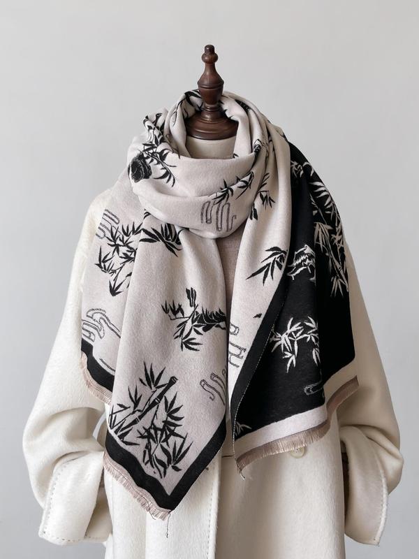 Vintage Bamboo Leaf Pattern Tassel Decor Shawl, Casual Soft Warm Long Scarf for Fall & Winter, Fashion Accessories for Women & Men