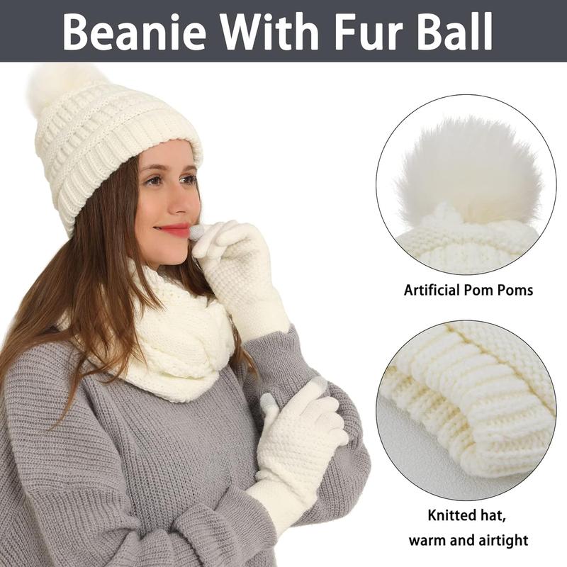 3 count Winter Beanie Hat Scarf and Touch Screen Gloves Set for Women Knit Hat with Faux  Ball Scarves Glove