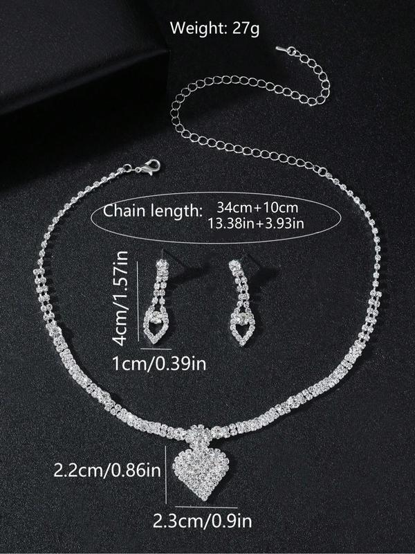 Women's Elegant Rhinestone Decorated Heart Shaped Pendant Necklace & Dangle Earrings, Exquisite Trendy Jewelry Set, Fashionable Accessories for Party & Daily Clothing Decor