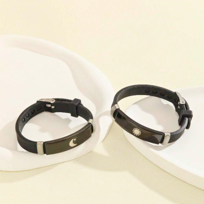 2 Pairs Sun & Moon Pattern alloy Charms Black Silicone Bracelets For Women Lovers Holiday anniversary jewelry