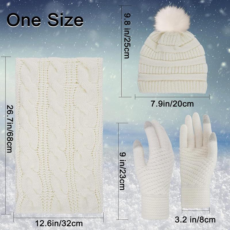 3 count Winter Beanie Hat Scarf and Touch Screen Gloves Set for Women Knit Hat with Faux  Ball Scarves Glove