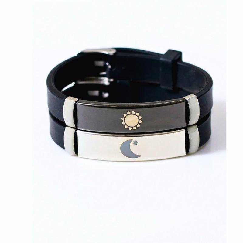 2 Pairs Sun & Moon Pattern alloy Charms Black Silicone Bracelets For Women Lovers Holiday anniversary jewelry