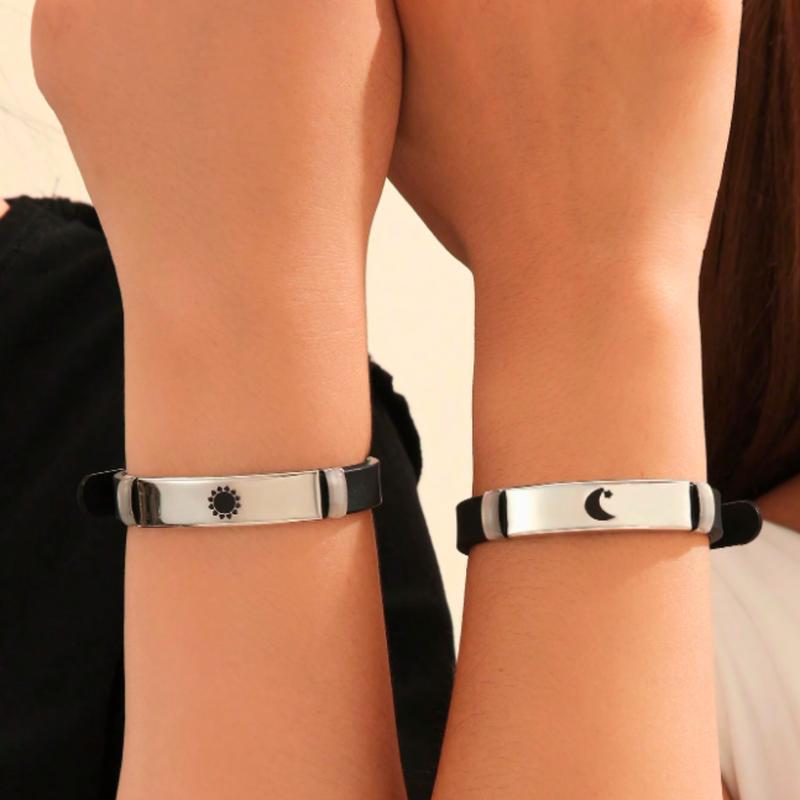 2 Pairs Sun & Moon Pattern alloy Charms Black Silicone Bracelets For Women Lovers Holiday anniversary jewelry