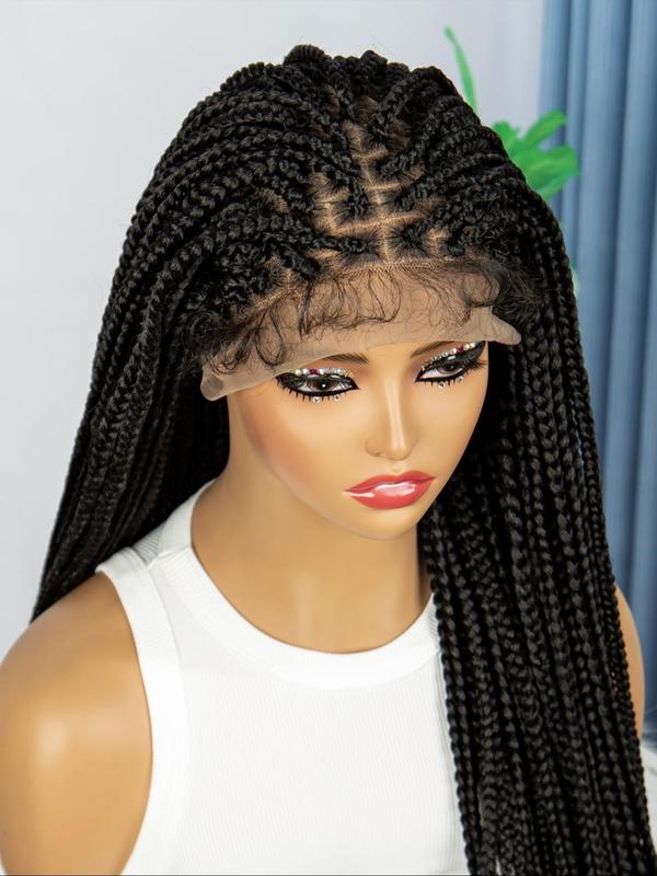 Black Long Braided Lace Front Wigs for Women, Gorgeous Fluffy Curly Wigs with Baby Hair Bangs, Synthetic Braided Lace Wigs for Party, Daily Use