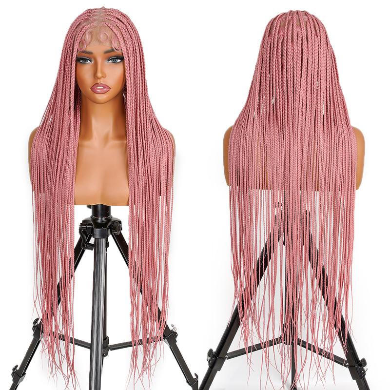 SuperNova #Pink 36'' Full Lace Synthetic Box Braided Wig - Handmade, Lightweight, Natural Look, Tangle-Free, Beginner-Friendly, Ideal for Protective Styles & Daily Wear