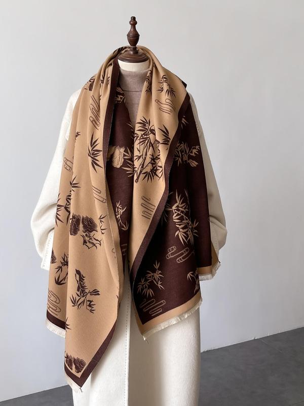 Vintage Bamboo Leaf Pattern Tassel Decor Shawl, Casual Soft Warm Long Scarf for Fall & Winter, Fashion Accessories for Women & Men