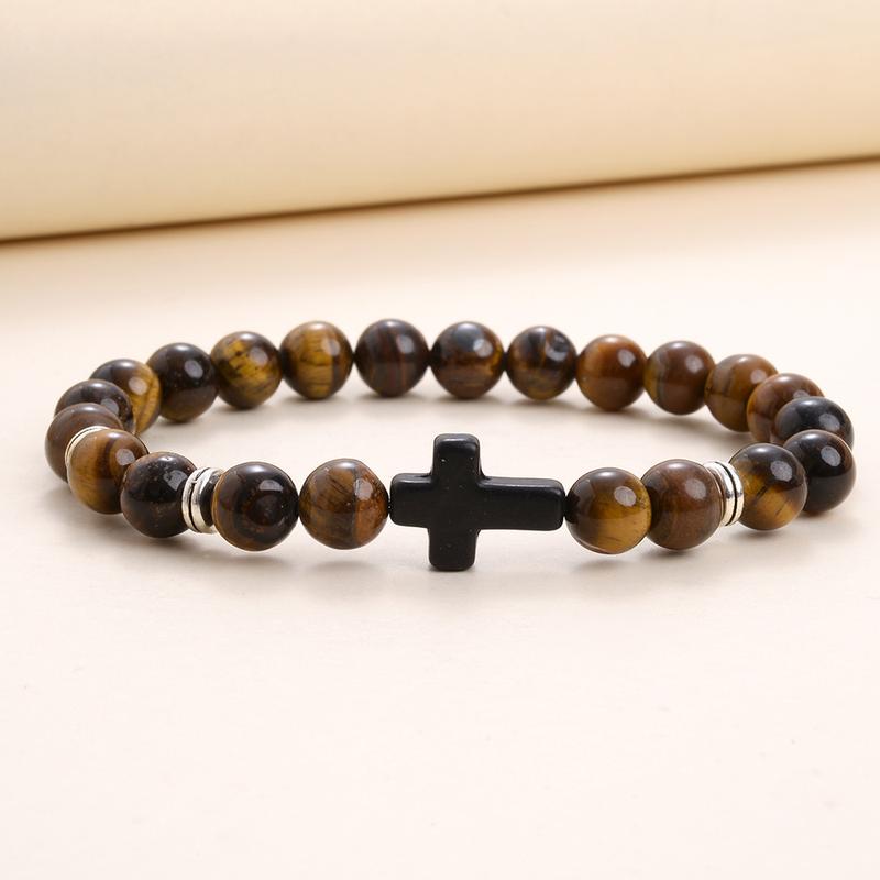 Bracelets For Women Men Jewelry Elasticity Black Cross Bracelets Fashion Jewelry 8mm Natural Stone Sports Wristbands