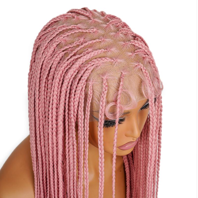 SuperNova #Pink 36'' Full Lace Synthetic Box Braided Wig - Handmade, Lightweight, Natural Look, Tangle-Free, Beginner-Friendly, Ideal for Protective Styles & Daily Wear