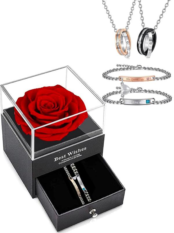 Couple Bracelets & Pendant Necklaces, Elegant Magnetic Heart Charm Bracelets & Necklaces Set, Fashion Jewelry for Men & Women As Gift with Rose Gift Box